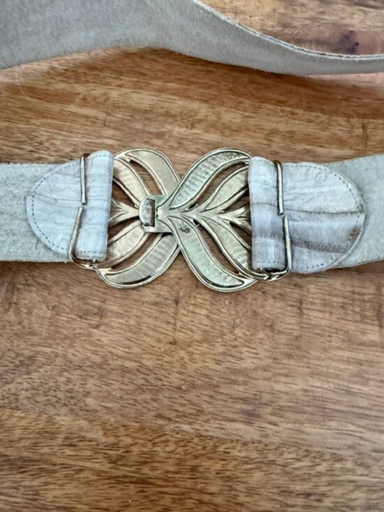 Vintage 1980s Eel Skin Belt Grey Gold Enamel Adjustable Buckle Silver Glam Wide main image 5